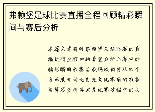 弗赖堡足球比赛直播全程回顾精彩瞬间与赛后分析